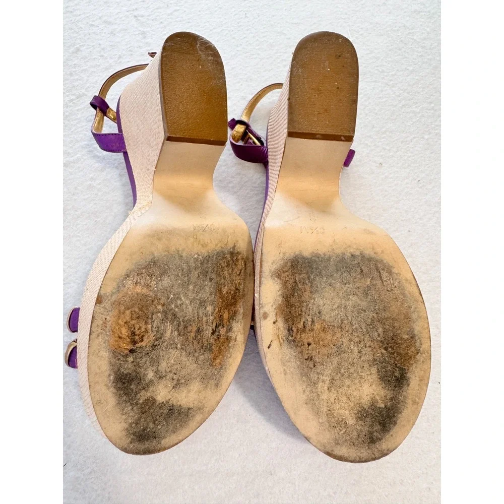 Kate Spade Alice Purple Gold Leather Wedge Espadrille Platform Sandals 8.5 Women